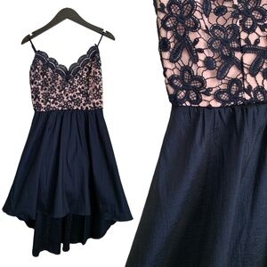 B. Darlin Formal Dress in Navy and Pink with Lace in High Low